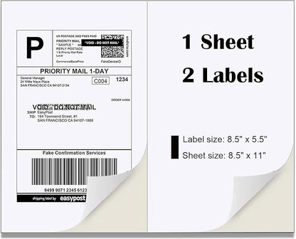 Half Sheet Laser/Ink Jet Shipping Labels UPS FedEx Address Labels (2000 Sheets, 4000 Labels) | Laser Inkjet Printer Labels - TrueDesk