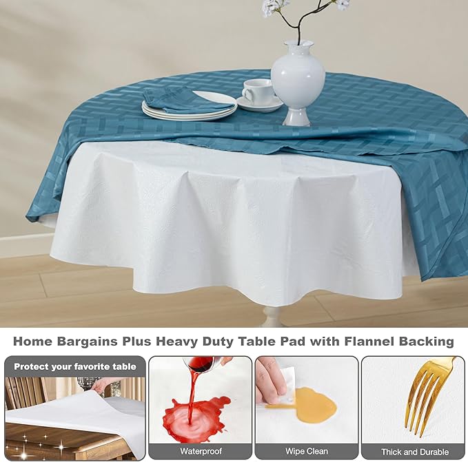 Home Bargains Plus Quilted Heavy Duty Table Pad Protector with Flannel Backing, Cut to Fit, Heat Resistant, Wipe Clean, Protects Table from Spills and Scratches, White, 70” Round Rectangle | Table Pads - TrueDesk