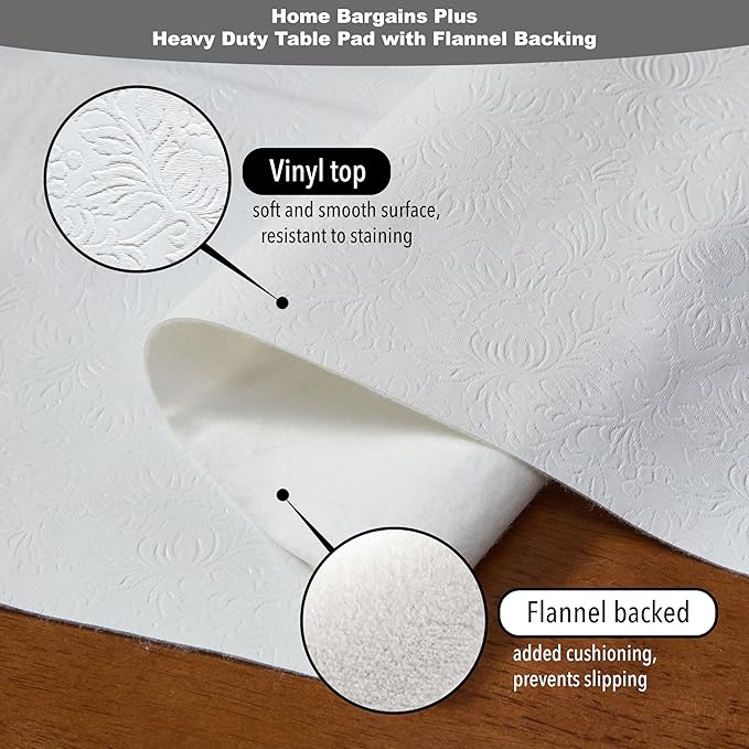 Home Bargains Plus Quilted Heavy Duty Table Pad Protector with Flannel Backing, Cut to Fit, Heat Resistant, Wipe Clean, Protects Table from Spills and Scratches, White, 52” x 216” Rectangle | Table Pads - TrueDesk