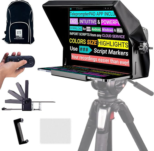 iLight PRO 12" Autocue teleprompter iPad Tablet - Kit teleprompter for Video with Remote Control, APP & Carry Bag, Beam Splitter Prompter DSLR, iPhone, APP for Apple Android Mac Win | Teleprompters - TrueDesk