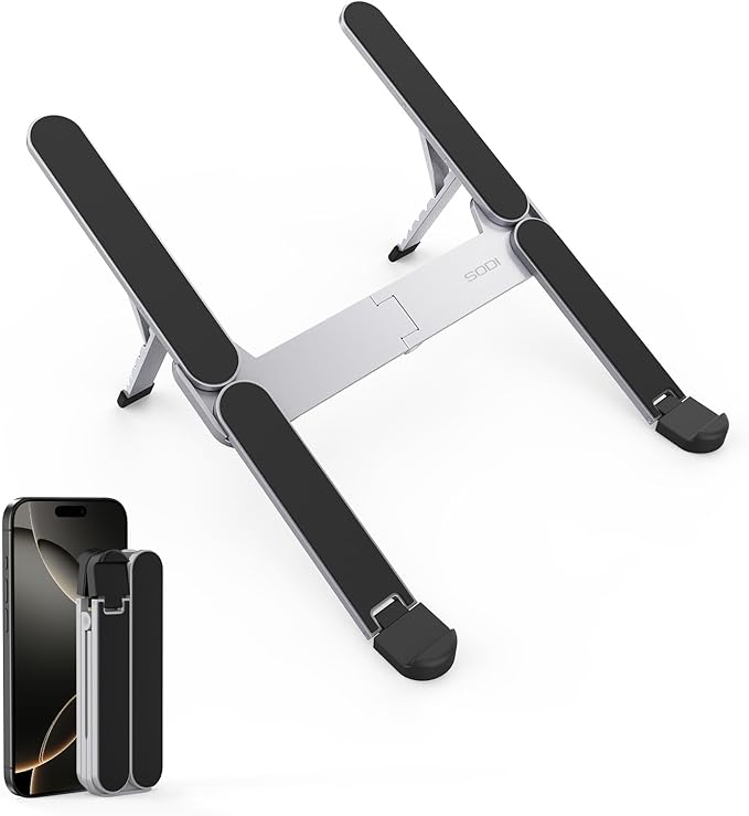 【Innovative & Ultra Compact】SODI Foldable Laptop Stand for Desk, Lightweight Portable Tablet Holder for Business Travel, Cafe, 6 Level Height Adjust Computer Holder for MacBook, Tablet 10 - 16", Silver | Stands - TrueDesk