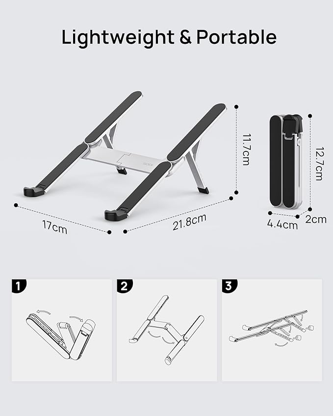 【Innovative & Ultra Compact】SODI Foldable Laptop Stand for Desk, Lightweight Portable Tablet Holder for Business Travel, Cafe, 6 Level Height Adjust Computer Holder for MacBook, Tablet 10 - 16", Silver | Stands - TrueDesk
