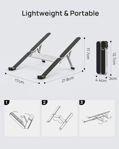 【Innovative & Ultra Compact】SODI Foldable Laptop Stand for Desk, Lightweight Portable Tablet Holder for Business Travel, Cafe, 6 Level Height Adjust Computer Holder for MacBook, Tablet 10 - 16", Silver | Stands - TrueDesk