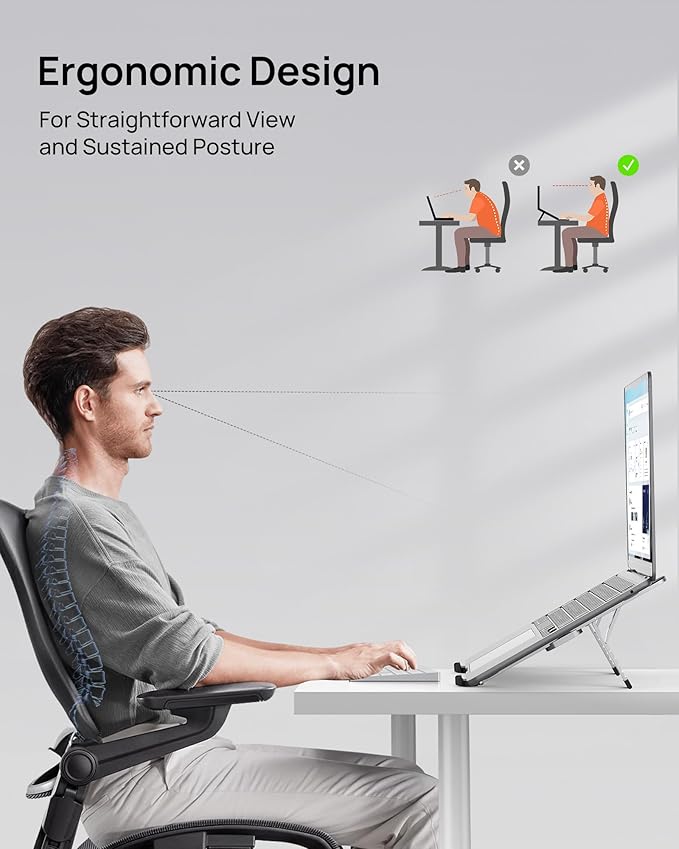 【Innovative & Ultra Compact】SODI Foldable Laptop Stand for Desk, Lightweight Portable Tablet Holder for Business Travel, Cafe, 6 Level Height Adjust Computer Holder for MacBook, Tablet 10 - 16", Silver | Stands - TrueDesk
