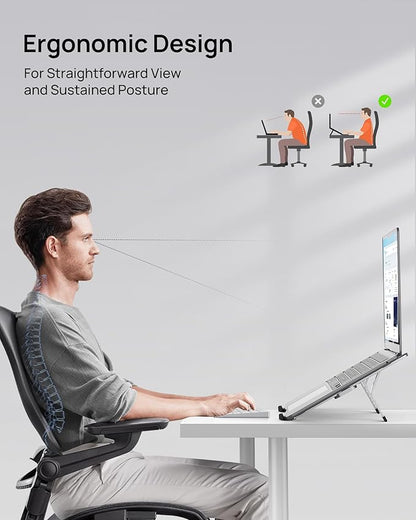 【Innovative & Ultra Compact】SODI Foldable Laptop Stand for Desk, Lightweight Portable Tablet Holder for Business Travel, Cafe, 6 Level Height Adjust Computer Holder for MacBook, Tablet 10 - 16", Silver | Stands - TrueDesk