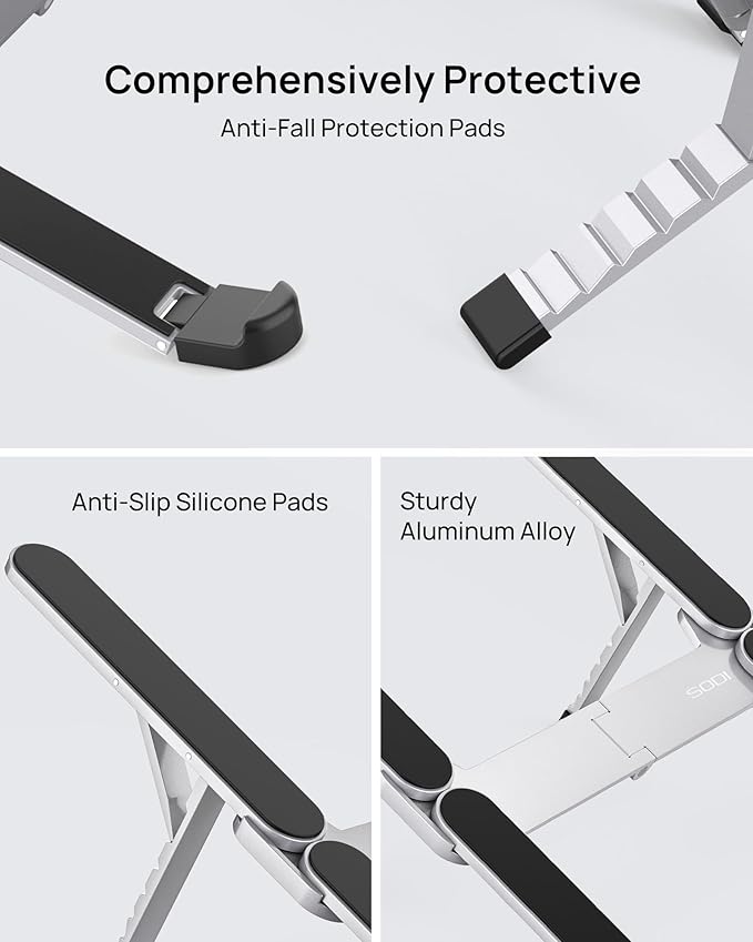 【Innovative & Ultra Compact】SODI Foldable Laptop Stand for Desk, Lightweight Portable Tablet Holder for Business Travel, Cafe, 6 Level Height Adjust Computer Holder for MacBook, Tablet 10 - 16", Silver | Stands - TrueDesk