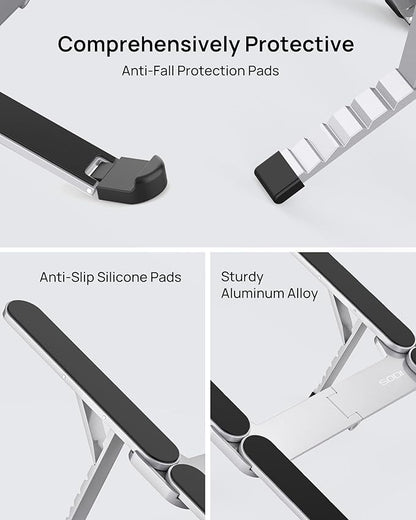 【Innovative & Ultra Compact】SODI Foldable Laptop Stand for Desk, Lightweight Portable Tablet Holder for Business Travel, Cafe, 6 Level Height Adjust Computer Holder for MacBook, Tablet 10 - 16", Silver | Stands - TrueDesk