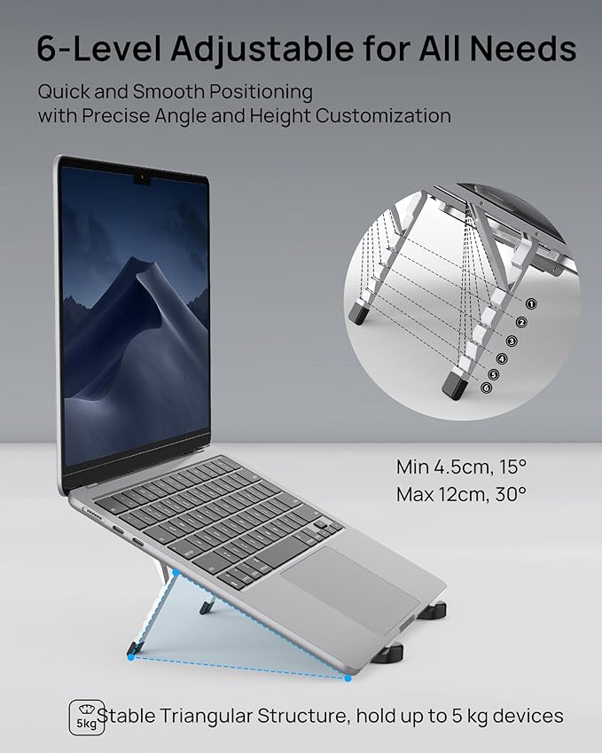 【Innovative & Ultra Compact】SODI Foldable Laptop Stand for Desk, Lightweight Portable Tablet Holder for Business Travel, Cafe, 6 Level Height Adjust Computer Holder for MacBook, Tablet 10 - 16", Silver | Stands - TrueDesk