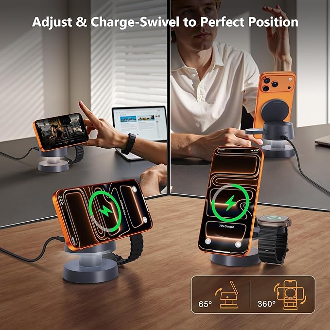 iVANKY 4 in 1 Qi2 Certified 15W MagSafe Wireless Charger Station with Night Light, 3 in 1 Fast Charging Stand for iPhone 17e/17/16/15/14/13 Pro Max Air, Apple Watch, Airpods（Includes 33W Adapter） ﻿ ﻿ | Wireless Chargers - TrueDesk