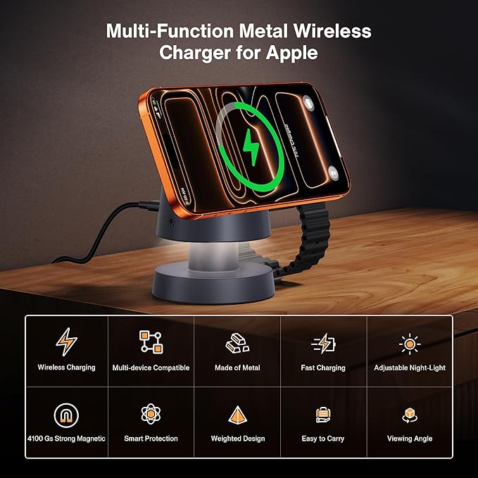 iVANKY 4 in 1 Wireless Charging Station with Night - Lamp for MagSafe Charger Travel Stand, 3 in 1 Charge for iPhone 17e/17/16/15/14/13/12/11, Apple iWatch, Airpods（Included 100W Adapter | Wireless Chargers - TrueDesk