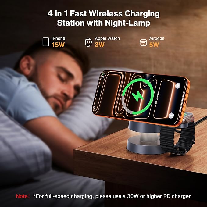 iVANKY 4 in 1 Wireless Charging Station with Night - Lamp for MagSafe Charger Travel Stand, 3 in 1 Charge for iPhone 17e/17/16/15/14/13/12/11, Apple iWatch, Airpods（Included 100W Adapter | Wireless Chargers - TrueDesk
