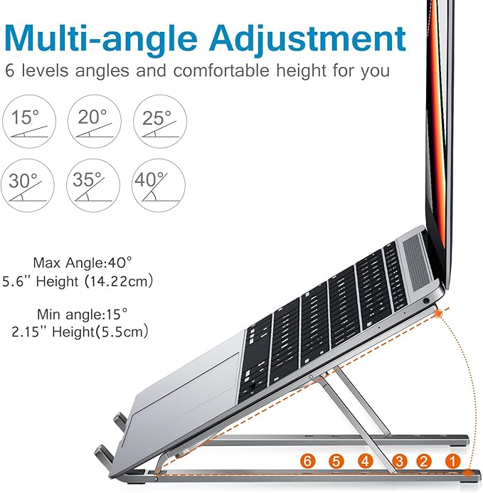 ivoler Laptop Stand, Laptop Holder Riser Computer Tablet Stand, 6 Angles Adjustable Aluminum Ergonomic Foldable Portable Desktop Holder Compatible with MacBook,iPad, HP, Dell, Lenovo 10 - 15.6” Gray | Stands - TrueDesk