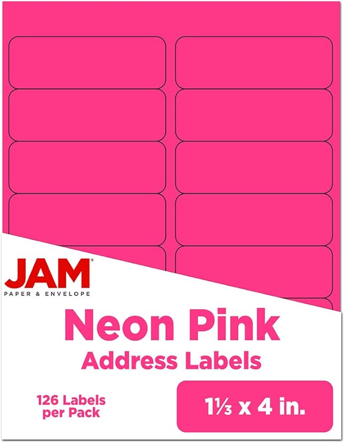 JAM Paper® Address Labels - 1 1/3 x 4 in - Neon Pink - 14 Labels per Sheet, 126 Per Pack | Address Labels - TrueDesk
