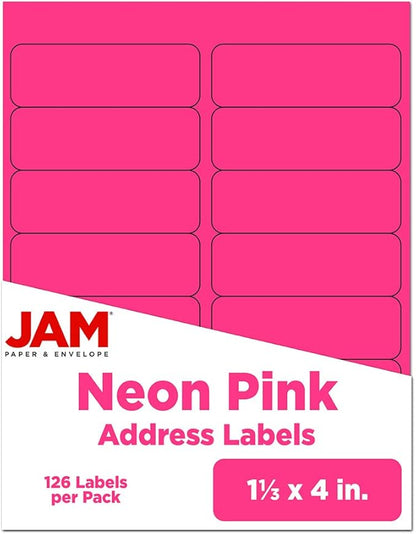 JAM Paper® Address Labels - 1 1/3 x 4 in - Neon Pink - 14 Labels per Sheet, 126 Per Pack | Address Labels - TrueDesk