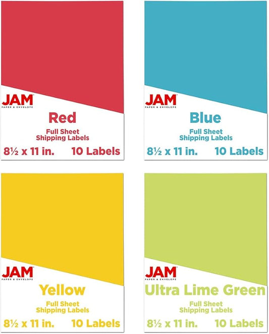 JAM PAPER Full Sheet Shipping Labels - Printable Sticker Paper - 8 1/2 x 11 - Assorted Bright Colors - 40 Pages/Pack | Laser Inkjet Printer Labels - TrueDesk