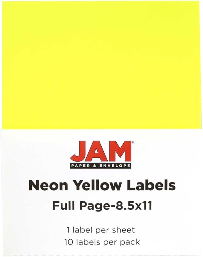JAM PAPER Full Sheet Shipping Labels - Printable Sticker Paper - 8 1/2 x 11 - Neon Yellow - 10 Full Pages/Pack | Laser Inkjet Printer Labels - TrueDesk