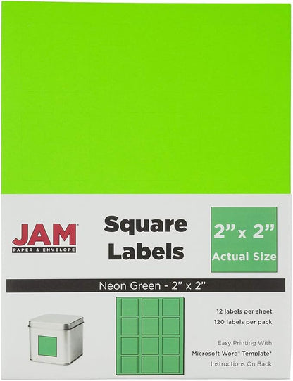 JAM PAPER Product & Container Labels - Square - 2 x 2 - Neon Green - 120/Pack | Address Labels - TrueDesk