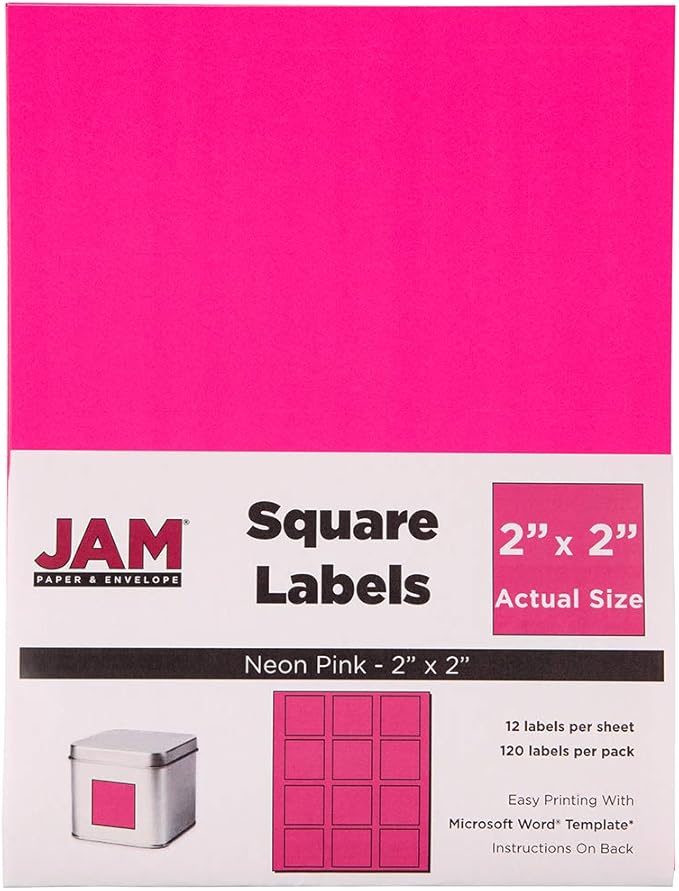 JAM PAPER Product & Container Labels - Square - 2 x 2 - Neon Pink - 120/Pack | Address Labels - TrueDesk