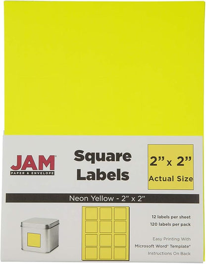 JAM PAPER Product & Container Labels - Square - 2 x 2 - Neon Yellow - 120/Pack | Address Labels - TrueDesk