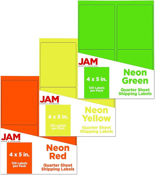 JAM PAPER Shipping Address Labels - 4 x 5 - Quarter Page/Extra Large - Assorted Bright Neon Colors - 360/Pack | Address Labels - TrueDesk