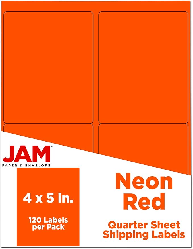 JAM PAPER Shipping Address Labels - 4 x 5 - Quarter Page/Extra Large - Neon Deep Red/Orange - 120/Pack | Address Labels - TrueDesk