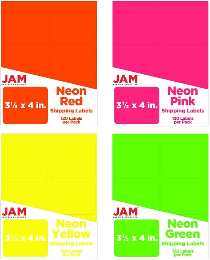 JAM PAPER Shipping Address Labels - Large - 3 1/3 x 4 - Assorted Neon Colors - 120/Pack | Address Labels - TrueDesk