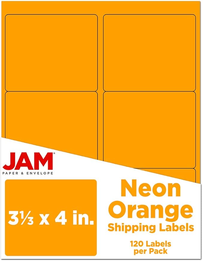 JAM PAPER Shipping Address Labels - Large - 3 1/3 x 4 - Neon Fluorescent Orange - 120/Pack | Address Labels - TrueDesk