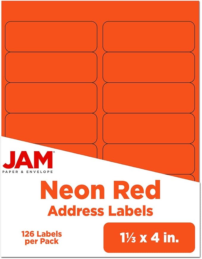 JAM PAPER Shipping Address Labels - Rectangular - 1 1/3 x 4 - Neon Deep Red/Orange - 126/pack | Address Labels - TrueDesk