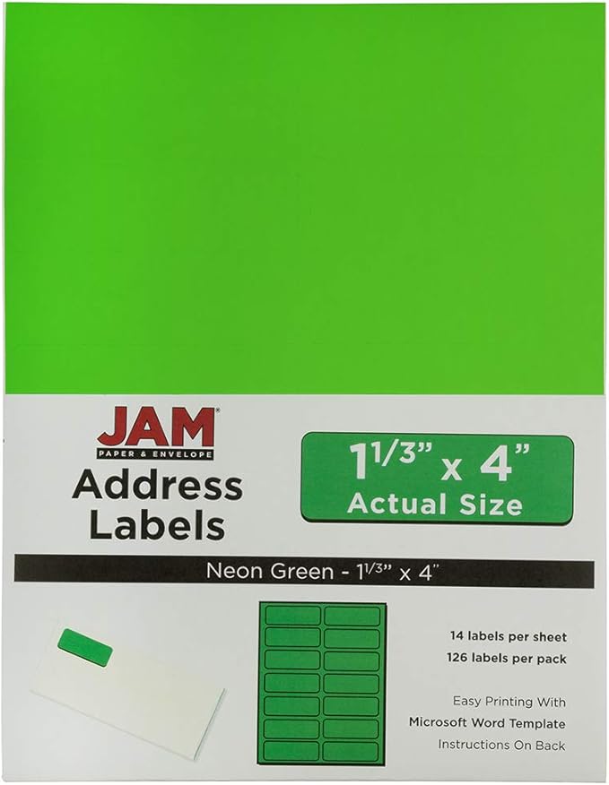 JAM Paper Shipping Address Labels, Rectangular, 1 1/3 x 4, Neon Green, 126/Pack (359329613) | Address Labels - TrueDesk