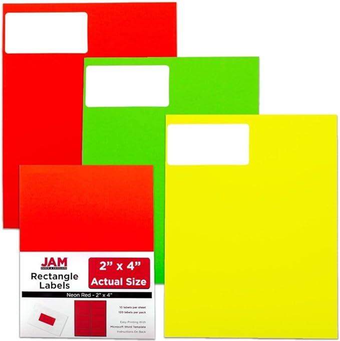 JAM PAPER Shipping Address Labels - Standard Mailing - 2 x 4 - Assorted Bright Neon Fluorescent - 6 Packs of 20 Labels - 120 Labels Total | Address Labels - TrueDesk