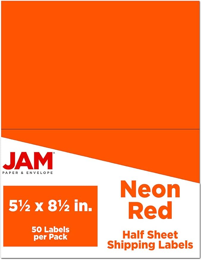 JAM PAPER Shipping Labels - Half Page - 5 1/2 x 8 1/2 - Neon Deep Red/Orange - 50/Pack | Address Labels - TrueDesk