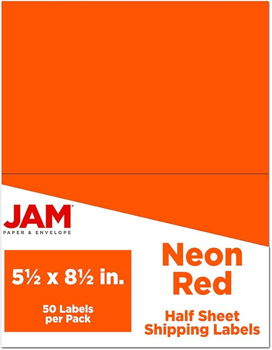 JAM PAPER Shipping Labels - Half Page - 5 1/2 x 8 1/2 - Neon Deep Red/Orange - 50/Pack | Address Labels - TrueDesk
