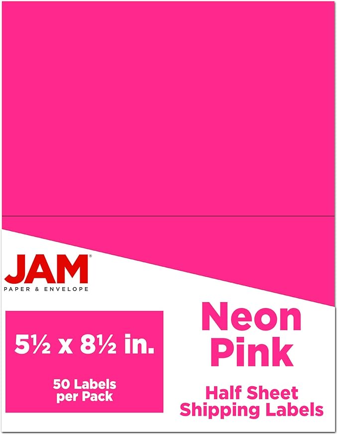 JAM PAPER Shipping Labels - Half Page - 5 1/2 x 8 1/2 - Neon Pink - 50/Pack | Address Labels - TrueDesk