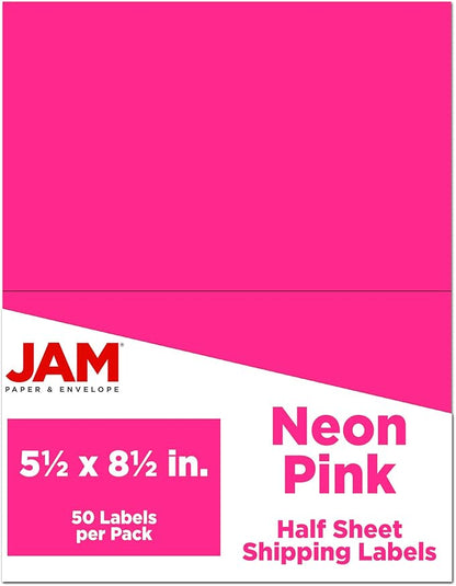 JAM PAPER Shipping Labels - Half Page - 5 1/2 x 8 1/2 - Neon Pink - 50/Pack | Address Labels - TrueDesk