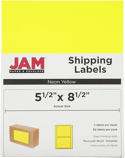 JAM PAPER Shipping Labels - Half Page - 5 1/2 x 8 1/2 - Neon Yellow - 50/Pack | Address Labels - TrueDesk
