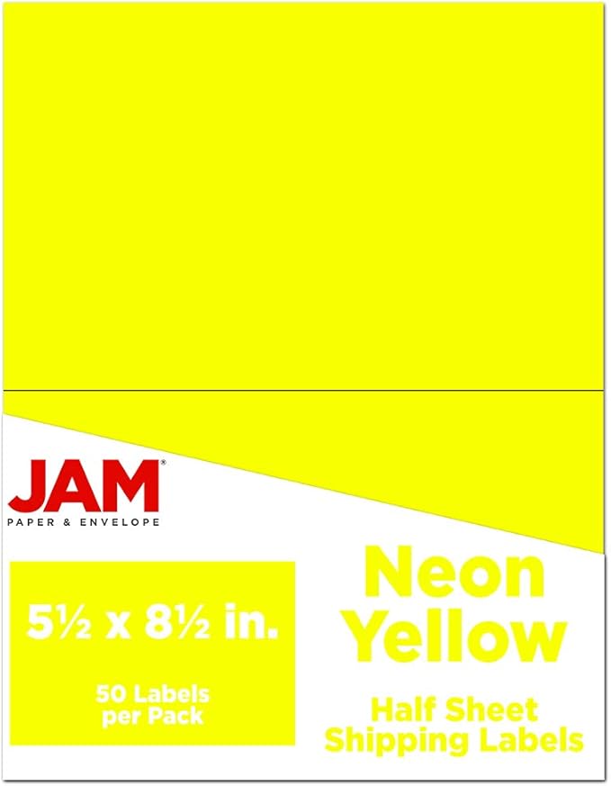 JAM PAPER Shipping Labels - Half Page - 5 1/2 x 8 1/2 - Neon Yellow - 50/Pack | Address Labels - TrueDesk