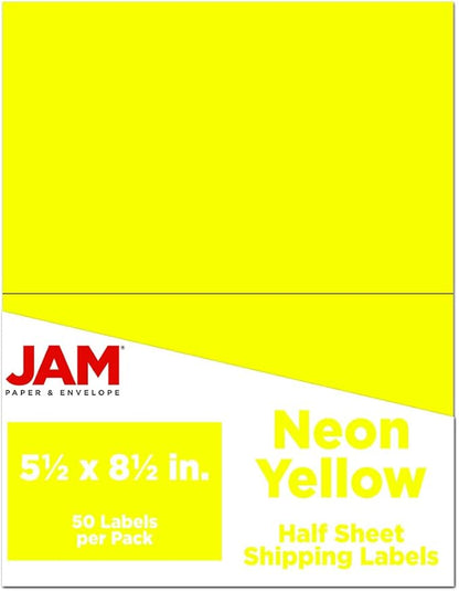 JAM PAPER Shipping Labels - Half Page - 5 1/2 x 8 1/2 - Neon Yellow - 50/Pack | Address Labels - TrueDesk