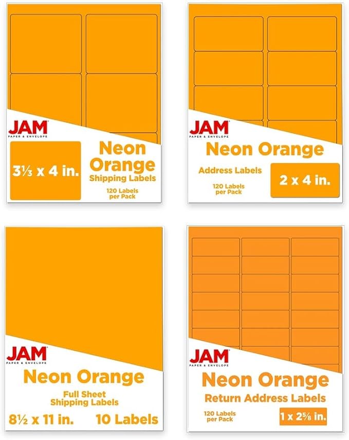 JAM PAPER Shipping & Mailing Address Labels - Multi Size Assortment - Neon Orange - 370/Pack | Address Labels - TrueDesk