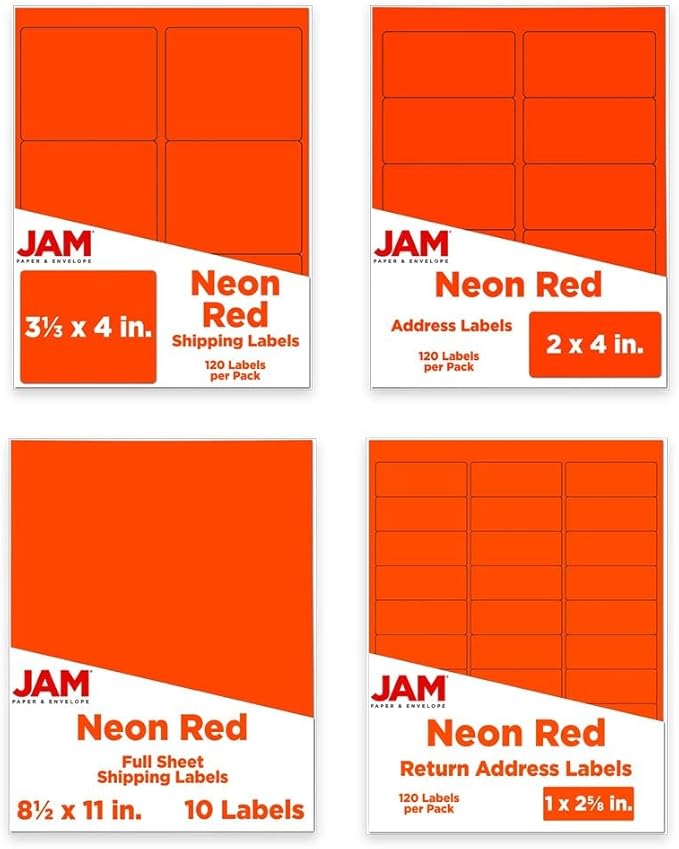 JAM PAPER Shipping & Mailing Address Labels - Multi Size Assortment - Neon Red - 370/Pack | Address Labels - TrueDesk