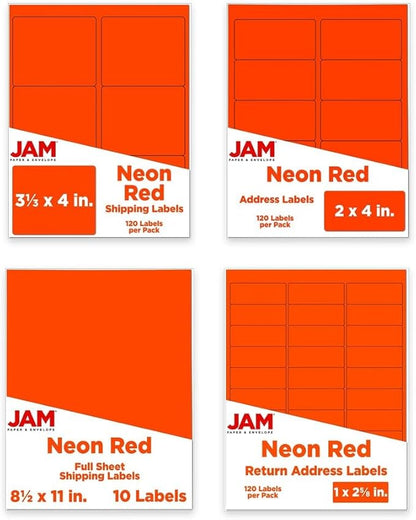 JAM PAPER Shipping & Mailing Address Labels - Multi Size Assortment - Neon Red - 370/Pack | Address Labels - TrueDesk