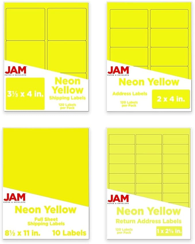 JAM PAPER Shipping & Mailing Address Labels - Multi Size Assortment - Neon Yellow - 370/Pack | Address Labels - TrueDesk