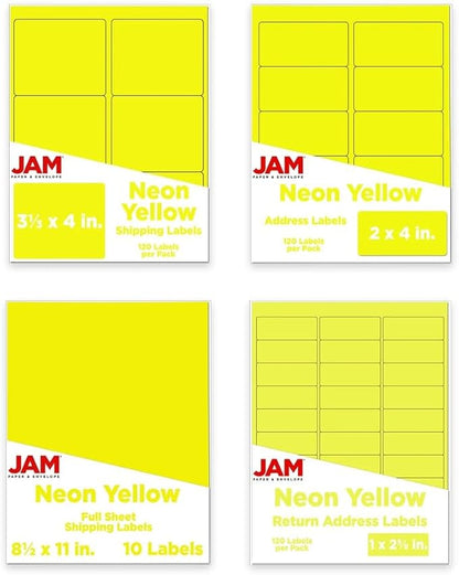 JAM PAPER Shipping & Mailing Address Labels - Multi Size Assortment - Neon Yellow - 370/Pack | Address Labels - TrueDesk