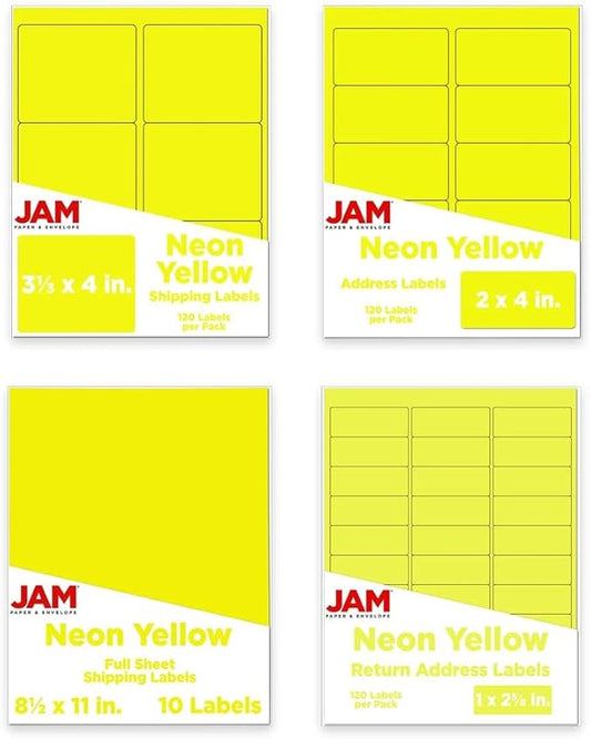 JAM PAPER Shipping & Mailing Address Labels - Multi Size Assortment - Neon Yellow - 370/Pack | Address Labels - TrueDesk