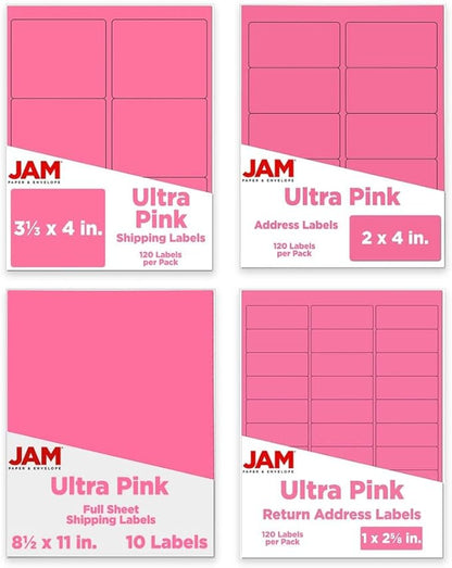 JAM PAPER Shipping & Mailing Address Labels - Multi Size Assortment - Ultra Pink - 370/Pack | Address Labels - TrueDesk