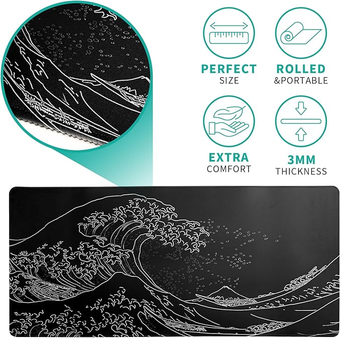 Japanese Gaming Mouse Pad Abstract Black Mouse Pad 31.5x11.8 Inch Black Sea Wave Texture Non - Slip Rubber Base Large Ocean Mousepad Stitched Edges Keyboard Mouse Mat Desk Pad for Office and Home | Mouse Pads - TrueDesk