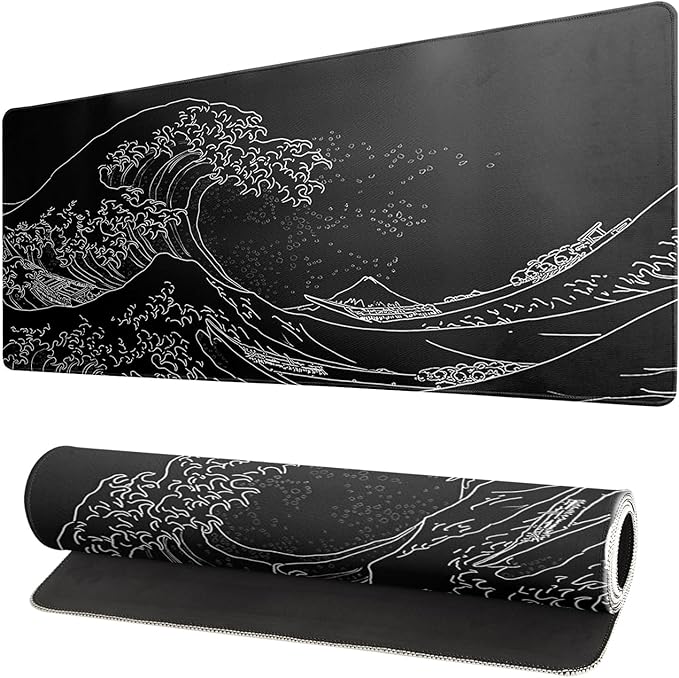 Japanese Gaming Mouse Pad Abstract Black Mouse Pad 31.5x11.8 Inch Black Sea Wave Texture Non - Slip Rubber Base Large Ocean Mousepad Stitched Edges Keyboard Mouse Mat Desk Pad for Office and Home | Mouse Pads - TrueDesk