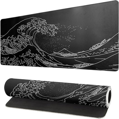 Japanese Gaming Mouse Pad Abstract Black Mouse Pad 31.5x11.8 Inch Black Sea Wave Texture Non - Slip Rubber Base Large Ocean Mousepad Stitched Edges Keyboard Mouse Mat Desk Pad for Office and Home | Mouse Pads - TrueDesk