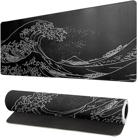 Japanese Gaming Mouse Pad Abstract Black Mouse Pad 31.5x11.8 Inch Black Sea Wave Texture Non - Slip Rubber Base Large Ocean Mousepad Stitched Edges Keyboard Mouse Mat Desk Pad for Office and Home | Mouse Pads - TrueDesk