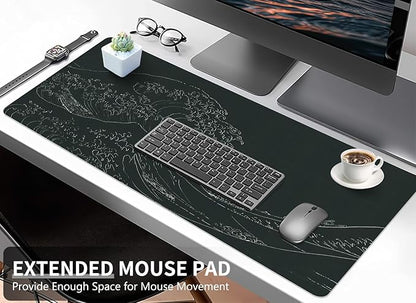 Japanese Gaming Mouse Pad Abstract Black Mouse Pad 31.5x11.8 Inch Black Sea Wave Texture Non - Slip Rubber Base Large Ocean Mousepad Stitched Edges Keyboard Mouse Mat Desk Pad for Office and Home | Mouse Pads - TrueDesk