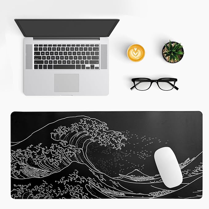 Japanese Gaming Mouse Pad Abstract Black Mouse Pad 31.5x11.8 Inch Black Sea Wave Texture Non - Slip Rubber Base Large Ocean Mousepad Stitched Edges Keyboard Mouse Mat Desk Pad for Office and Home | Mouse Pads - TrueDesk